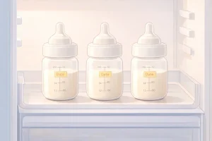 Ilustrasi botol kaca berisi ASI yang disimpan dengan rapi